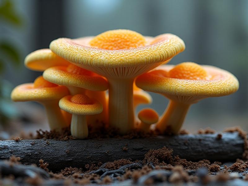 A cluster of oyster mushrooms growing on a log in a contaminated urban lot, their creamy gills and tan caps standing out against a backdrop of cracked soil and industrial debris. Soft morning light casts long shadows, highlighting the resilience of nature in human-altered landscapes.