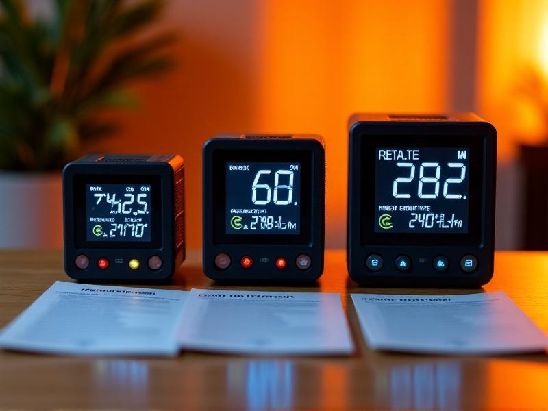 A side-by-side comparison of three digital humidity controllers on a wooden table. Each device shows varying screen sizes, button layouts, and LED indicators, with technical specification sheets placed beside them under warm studio lighting.