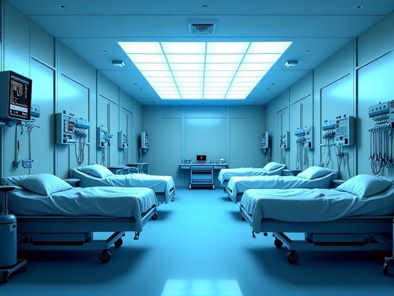 A hospital room with a ceiling-mounted UV sterilizer casting a faint blue hue over medical equipment and sanitized beds, conveying clinical hygiene. Keywords: healthcare sterilization, UV hospital, medical equipment safety.