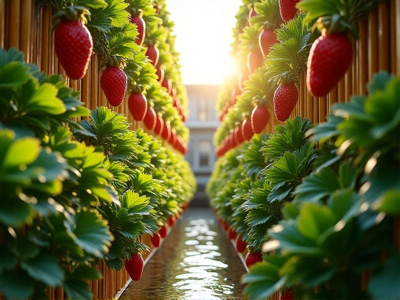 A solar-powered vertical farm with bamboo shelving units growing strawberries. Sunlight streams through skylights onto cascading plants, while rainwater collection barrels sit at the base. The earthy tones of the bamboo contrast with vibrant green leaves and red berries, embodying a fusion of sustainability and productivity.