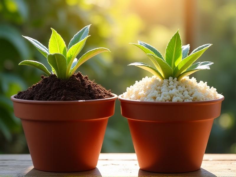 Side-by-side soil mixes with vermiculite and perlite. The vermiculite blend is dark and moist, clumping slightly around plant roots. The perlite mix appears loose and airy, with white granules interspersed in brown soil. A terracotta pot sits beside each, bathed in warm sunlight.