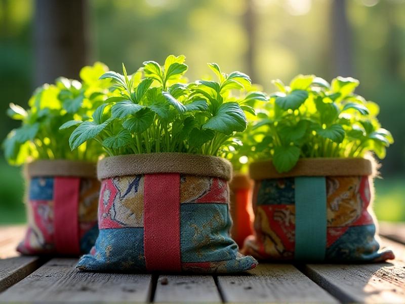 Handmade fabric grow bags sewn from colorful patterned cloth and burlap, holding young lettuce and basil plants, placed on a wooden deck with a sewing kit and scissors visible, showcasing DIY gardening projects.