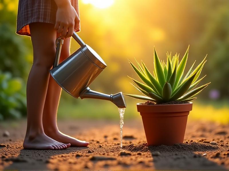 Person using a watering can with a long spout to water the base of a succulent plant in a terracotta pot with well-draining sandy soil, avoiding wetting the leaves, under bright sunlight with a dry soil surface.
