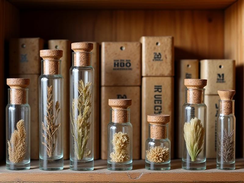 A curated display of spore storage solutions: glass vials with cork stoppers, stacked archival boxes, and vacuum-sealed bags arranged on a rustic wooden shelf. Warm ambient lighting casts subtle shadows, emphasizing practicality while maintaining an aesthetic blend of modern science and vintage naturalism.