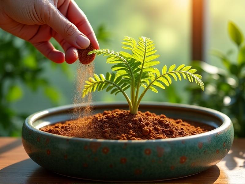 Hand sprinkling ground cinnamon onto the surface of moist, dark potting soil in a ceramic planter with a young fern plant, showcasing a natural antifungal and pest-repellent method.