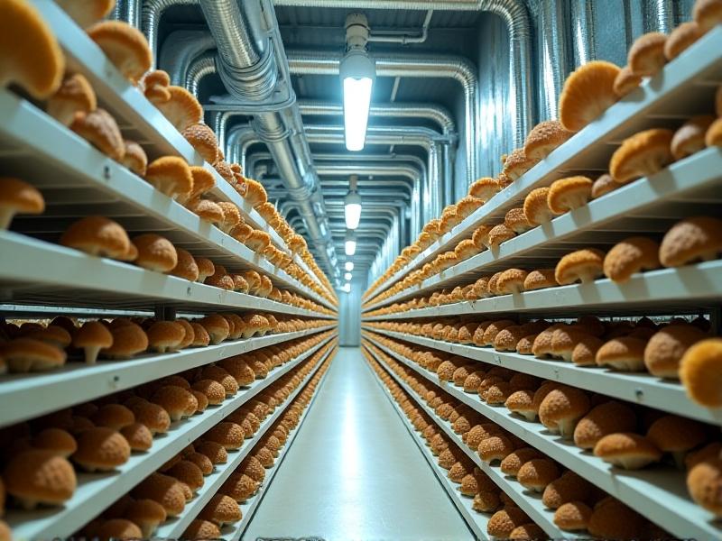 An industrial-grade ventilation system in a commercial shiitake farm, featuring silver ductwork snaking across a high-ceilinged grow room. Mushroom racks filled with fruiting blocks occupy the foreground, while ceiling-mounted fans create gentle air currents under cool-white fluorescent lights.