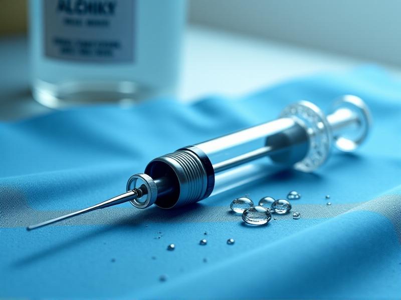 A disassembled spore syringe with its components laid out on a sterile blue cloth: glass barrel, rubber plunger, and metal needle. A bottle of isopropyl alcohol sits nearby, with droplets on the cloth suggesting ongoing cleaning efforts to reuse the syringe safely.