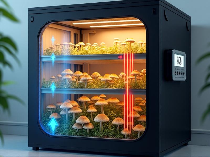 Cross-sectional diagram of a mushroom grow tent showing airflow: blue arrows indicate fresh air entering through bottom vents, while red arrows show warm air exiting via top-mounted fans. A digital humidity controller is visible on the tent wall. Keywords: mushroom tent ventilation, CO2 management, humidity optimization.