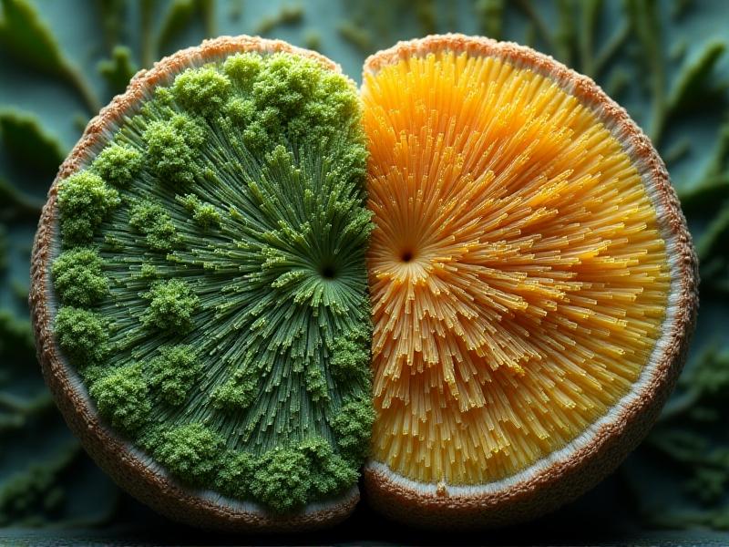 Side-by-side comparison of healthy hybrid mycelium versus contaminated cultures, showing fuzzy green mold invasions and bacterial blotches. Dramatic cross-section lighting emphasizes texture differences between desired and failed specimens.