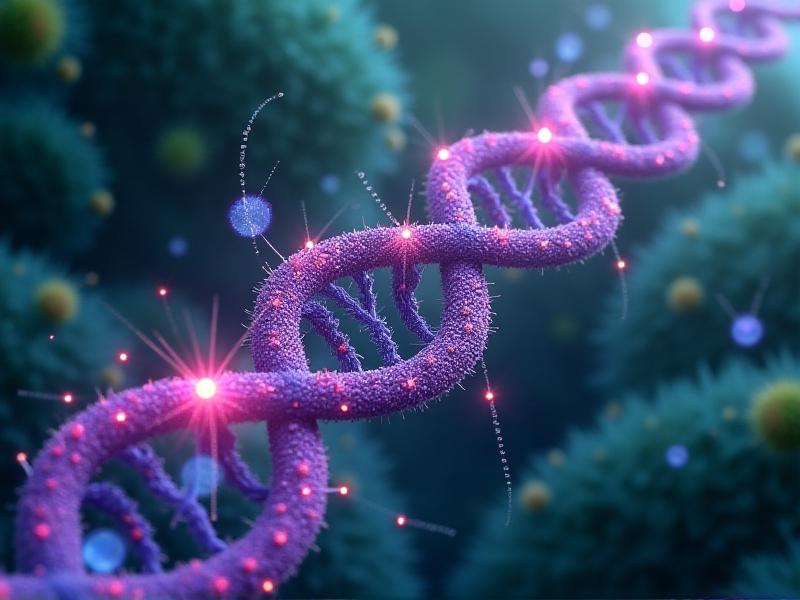 A close-up, stylized visualization of CRISPR-Cas9 in action on plant chromosomes. The image shows a DNA double helix with glowing Cas9 enzymes cutting specific gene sequences, surrounded by swirling RNA guides in neon purple and blue. The background depicts abstract molecular structures in muted greens and golds, blending scientific accuracy with artistic flair to illustrate genetic precision.