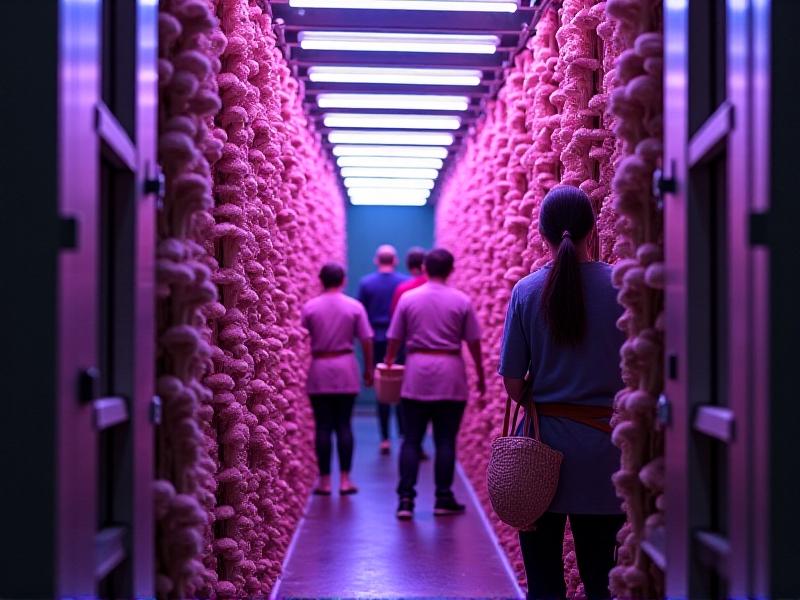 A vertical farm in a repurposed shipping container with rows of hanging coffee ground-filled burlap sacks sprouting shiitake mushrooms. LED grow lights cast a purple-blue glow, workers in aprons harvest into woven baskets. Industrial-chic aesthetic with visible air filtration systems.
