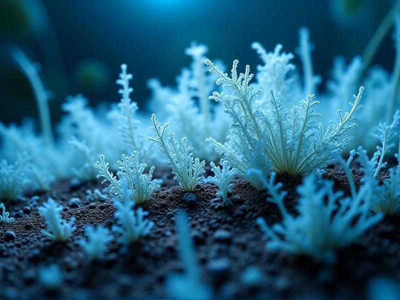 A close-up laboratory view of white mycelium filaments spreading across dark, contaminated soil, surrounded by petri dishes and scientific tools. Cool blue lighting emphasizes sterile precision, while the mycelium’s delicate structures contrast with the gritty texture of polluted earth.