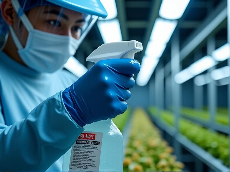 A protective mask and gloved hands holding a spray bottle applying miticide to infested mushroom beds. The chemical solution forms fine droplets in the air, with warning labels visible on the bottle. The background features industrial grow lights and stainless steel shelving.