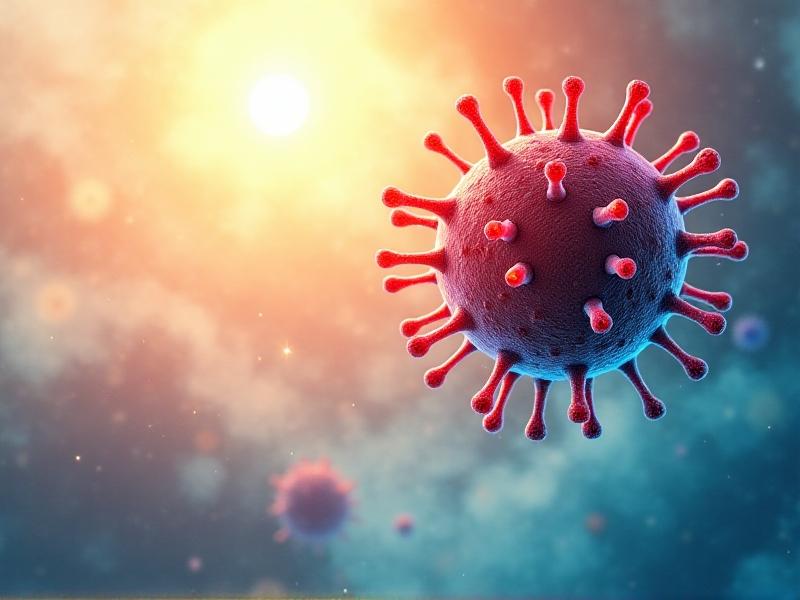 A split-view illustration showing three types of airborne contaminants: fine dust particles floating in sunlight, magnified virus cells with spiked surfaces in vivid red and blue hues, and wispy chemical vapors in a factory setting. The image uses contrasting colors and microscopic detail to highlight differences in pollutant size and structure.