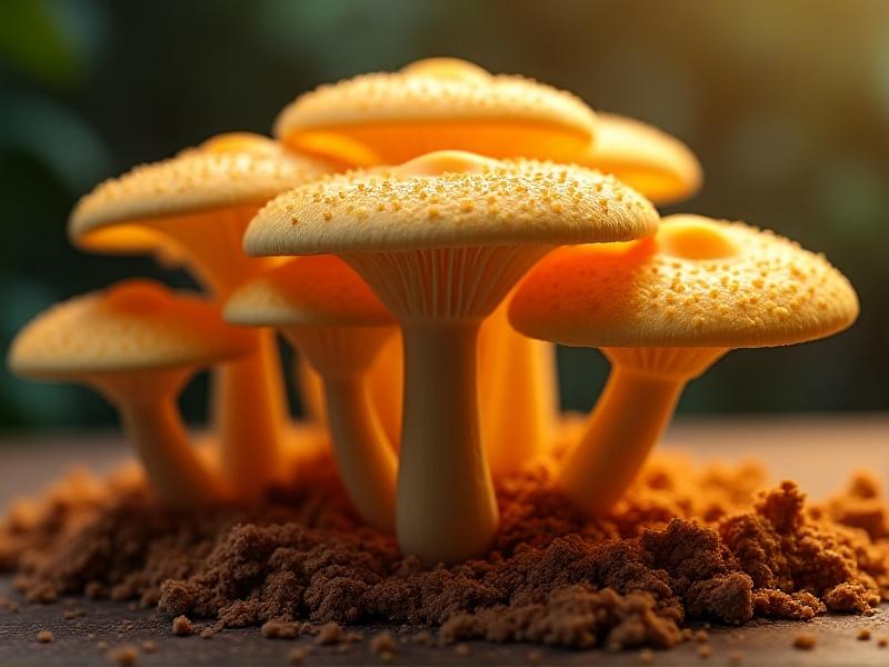 A cluster of Golden Teacher mushrooms with golden-brown caps and slender white stems, growing in a monotub on a bed of vermiculite and brown rice flour. Warm ambient lighting emphasizes their iconic sun-kissed hues and delicate gills.