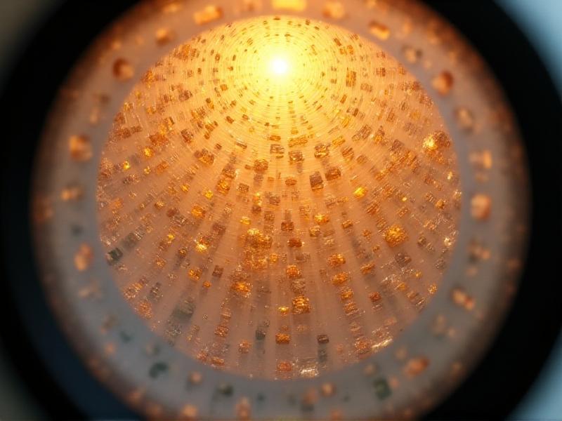 A cross-sectional view of a HEPA filter with tightly packed glass fibers illuminated under a microscope. Particles of varying sizes—pollen, dust mites, and smoke—are trapped within the fibrous maze. Golden light streams through the filter layers, symbolizing purified air exiting the system.