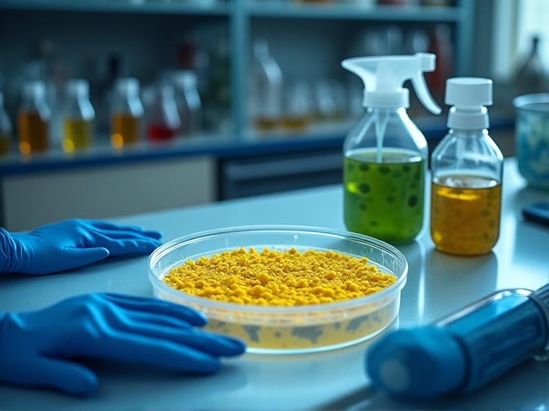 Close-up of a petri dish with bacterial contamination (yellow splotches) next to a liquid culture jar showing cloudy broth. A grain spawn jar with green mold spots sits in the background. Laboratory gloves and a spray bottle of disinfectant imply sterile protocol importance.