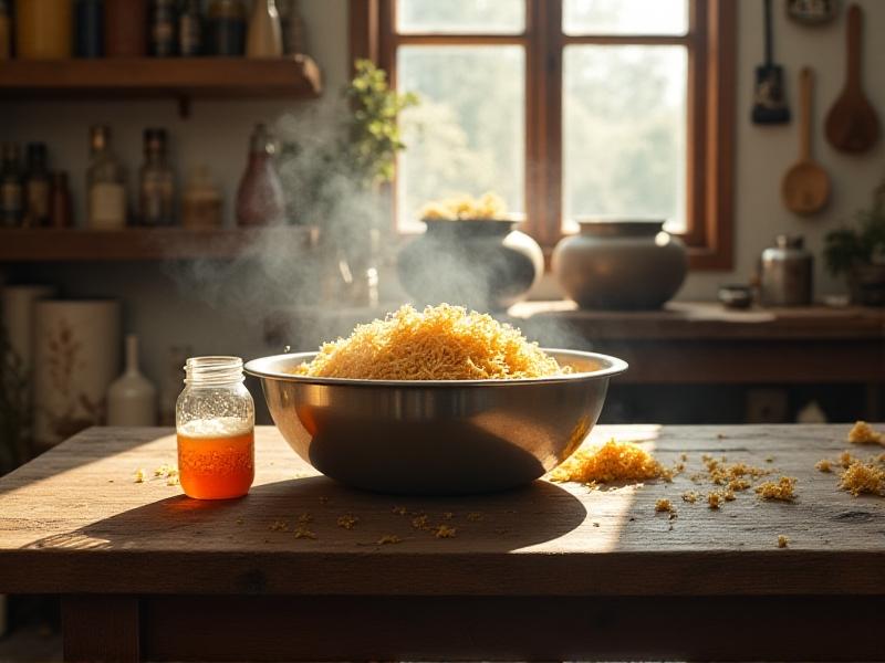 Hands mixing hydrated straw and hardwood sawdust in a large metal bowl, steam rising from the mixture indicating pasteurization, with a mason jar of spawn visible in the foreground, all set on a wooden table in a sunlit workshop.