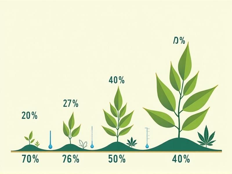 Illustrated infographic showing a cannabis plant's life cycle with labeled humidity percentages: 70% for seedlings, 50% for vegetative growth, and 40% during flowering. The chart uses soft pastel backgrounds and minimalist icons of thermometers, water droplets, and growth phases. A clean, educational design aimed at guiding home growers through climate adjustments.
