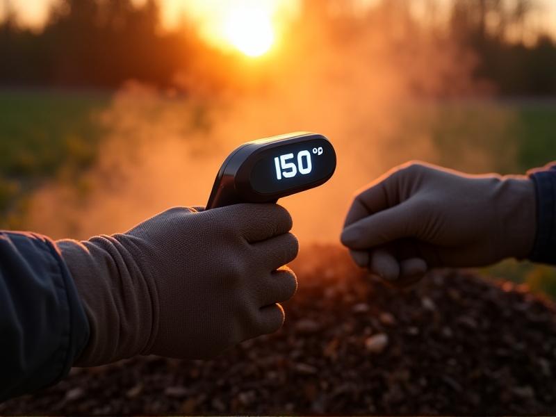 A close-up of a digital thermometer inserted into a steaming compost pile, with mist rising against a dawn backdrop. The display shows 150°F, and gloved hands adjust the device, emphasizing precision and technology in the process.