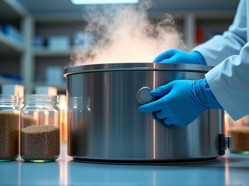 A stainless steel autoclave emitting steam, surrounded by glass jars filled with sterilized brown rye grains, placed on a clean white lab bench under bright LED lights, with blue-gloved hands adjusting the pressure gauge, evoking a professional, sterile environment.
