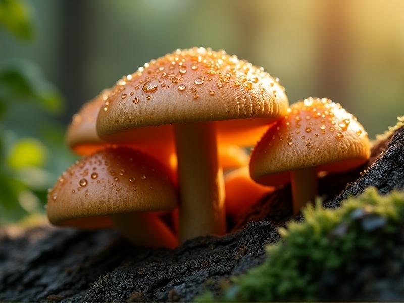 Close-up of shiitake mushrooms fruiting from an oak log, their caramel-colored caps glistening with dew. The log rests in a humid, shaded environment with soft morning light, showcasing successful mycelial colonization.