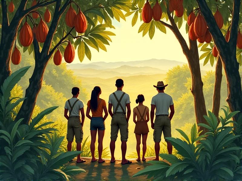A vibrant tropical plantation with CRISPR-edited cocoa trees laden with ripe pods. The scene includes lush foliage, farmers inspecting healthy trees, and a backdrop of terraced fields. Warm sunlight filters through the canopy, highlighting rich brown pods and vibrant green leaves, evoking abundance and agricultural prosperity.