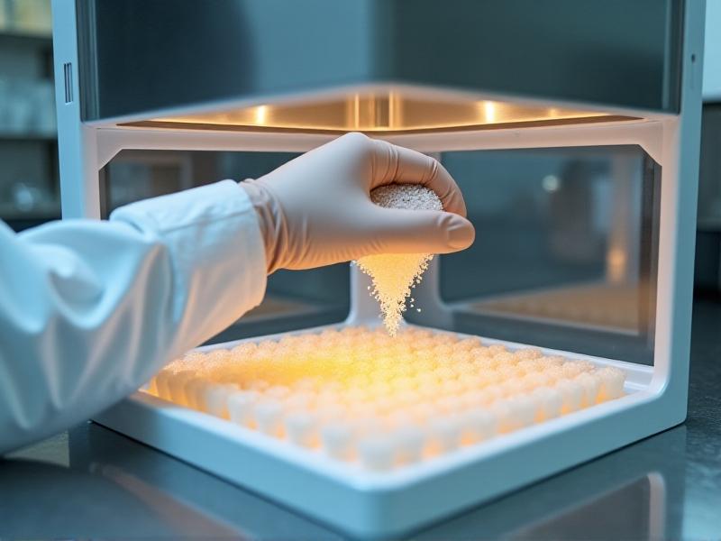 A gloved hand using a flame-sterilized stainless steel scoop to transfer healthy white mycelium grains from a contaminated jar to a new sterile substrate inside a laminar flow hood, with blurred laboratory equipment in the background.