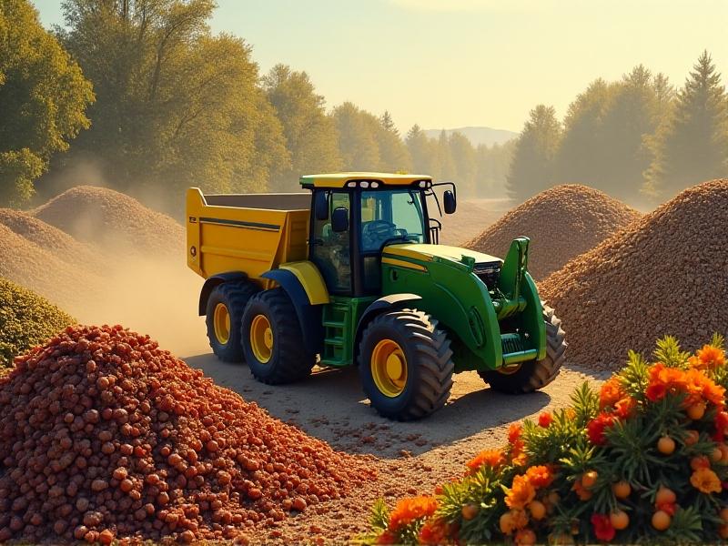 A front-end loader mixes vibrant green vegetable scraps with brown shredded cardboard in a compost yard. Sunlight filters through the dust, emphasizing the texture of the materials and the machinery’s yellow paint.