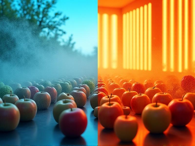 A split-screen comparison of sanitizing agents: chlorine-based solutions bubbling in a spray tank, organic acid mist dispersing over apple orchards, and ultraviolet light panels sterilizing packaged herbs. Each scene uses contrasting colors—cool blues for liquids, warm oranges for UV tech—to differentiate methods. Realistic textures highlight liquid viscosity and light beams.