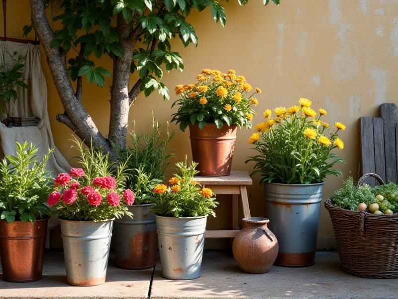 A collection of repurposed household items, including painted buckets, drilled plastic jugs, and woven baskets filled with vibrant flowers and vegetables, arranged on a sunlit patio with gardening tools nearby, illustrating creative container reuse.