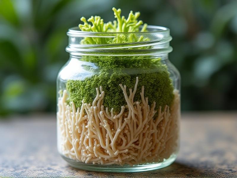 Close-up of a glass mason jar showing contrasting white mycelium and bright green Trichoderma mold spreading across moist rye grains, with condensation droplets on the inner walls, captured under soft natural light to highlight color and texture differences.