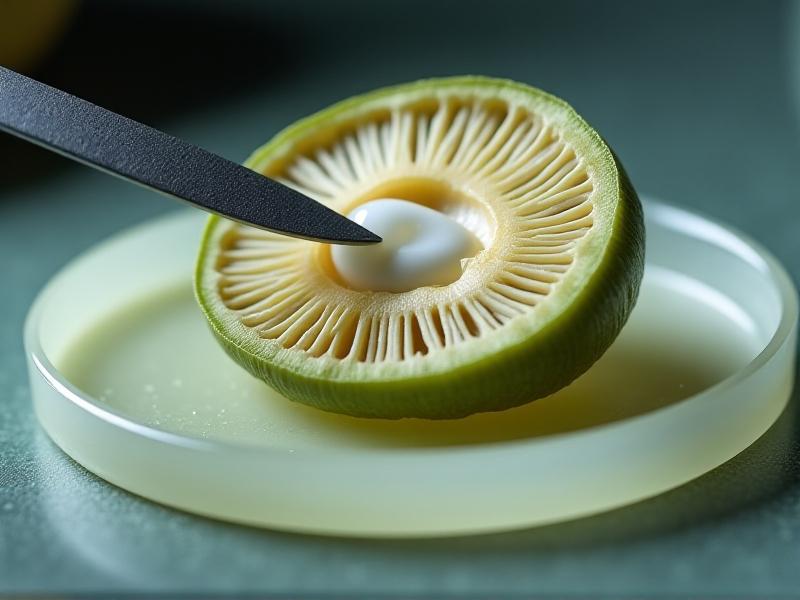 A close-up of a scalpel tip transferring a small white tissue fragment from the interior of a bisected portobello mushroom onto an agar plate. The mushroom’s gills are visible in soft focus, while the scalpel glints under bright, focused lighting that emphasizes the procedure’s meticulous nature.