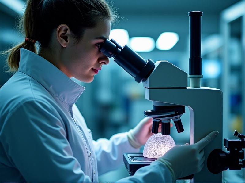 A lab technician in a cleanroom suit examines a 3D-printed air exchange filter under a microscope, revealing trapped Aspergillus spores. Harsh laboratory lighting accentuates the filter’s complex geometric pattern and the technician’s gloved hand adjusting magnification.