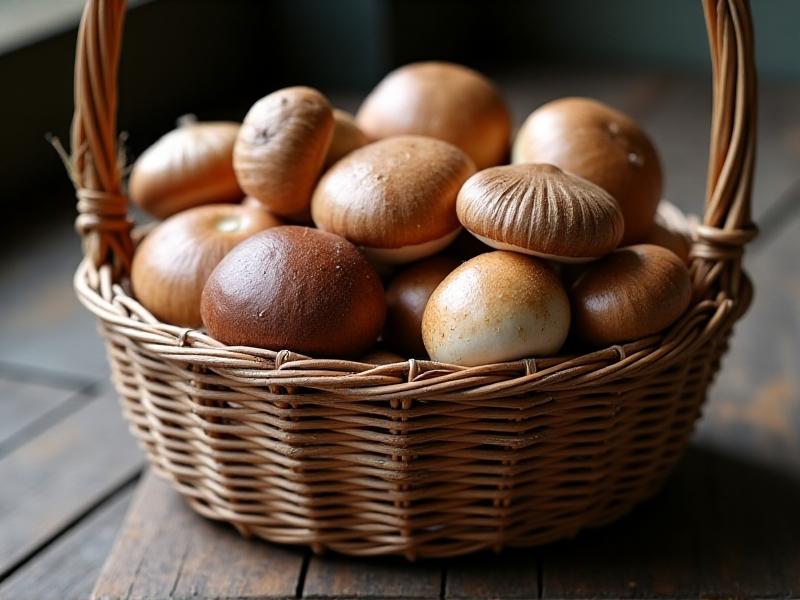 A rustic wicker basket filled with assorted fresh mushrooms—cremini, shiitake, and portobello—resting on a wooden table, with soft morning light highlighting their textures and earthy tones, symbolizing natural nutrition.