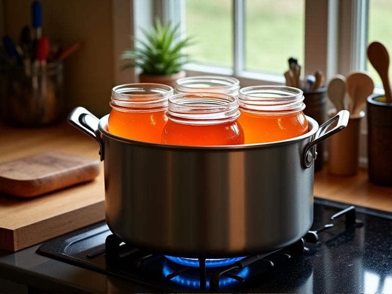 The Presto 01781 pressure canner in matte aluminum finish, filled with glass mason jars submerged in boiling water, placed on a gas stove with canning tools laid out on a wooden cutting board nearby.