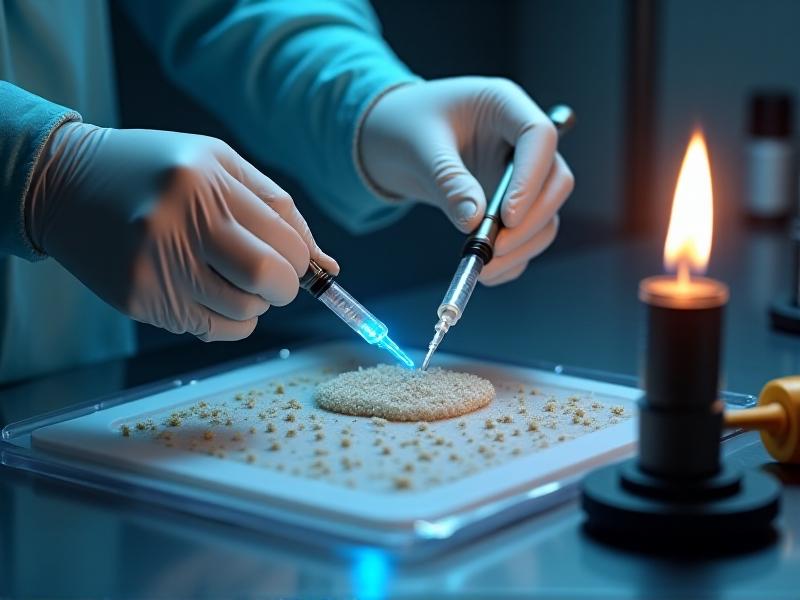 Close-up of gloved hands holding a spore syringe above a self-healing inoculation port on a mushroom substrate bag; a blue flame from a Bunsen burner flickers nearby, highlighting the use of heat sterilization during the inoculation process to prevent contamination.