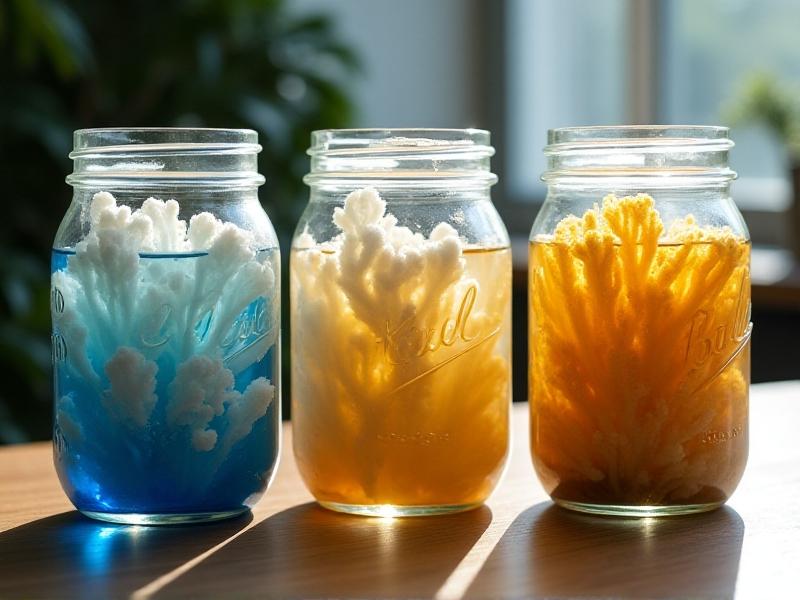 Three mason jars with rye grain spawn at different colonization stages: one partially colonized with fluffy white mycelium, another fully covered, and a third showing yellow bacterial contamination. Natural daylight highlights texture variations between healthy and compromised spawn.