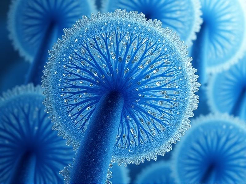 A microscopic view of mycelial hyphae stained blue, showing intricate branching and septate walls. The background is a stark white laboratory slide, with the hyphae illuminated under brightfield microscopy to highlight cellular complexity and health.