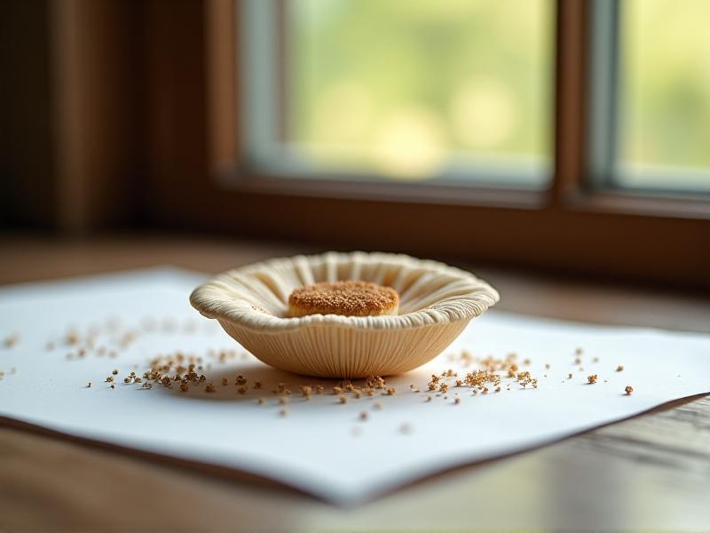 A mushroom cap placed gill-side down on white sterile paper, surrounded by a fine dusting of dark brown spores. A gloved hand holds a glass vial ready to collect the spores, with natural daylight streaming through a window onto a rustic wooden table.