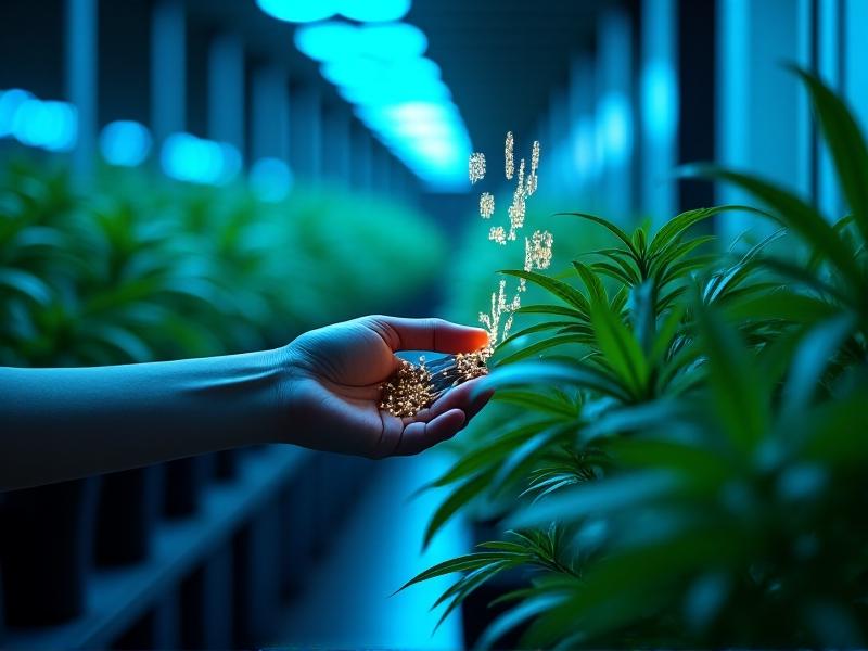 Close-up of advanced plant sensors in a grow room: a hand holding a wireless device near a plant stem, with holographic displays showing live metrics. Soft blue lighting creates a futuristic mood, emphasizing cutting-edge agricultural tech.