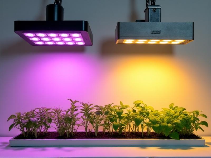 A comparison of four grow lights on a shelf: a sleek LED panel emitting purple and white light, a spiral fluorescent bulb glowing soft white, a bulky HID lamp with a bright yellow beam, and a tubular T5 fixture. Each light casts a distinct glow on seedlings, herbs, and flowering plants below.