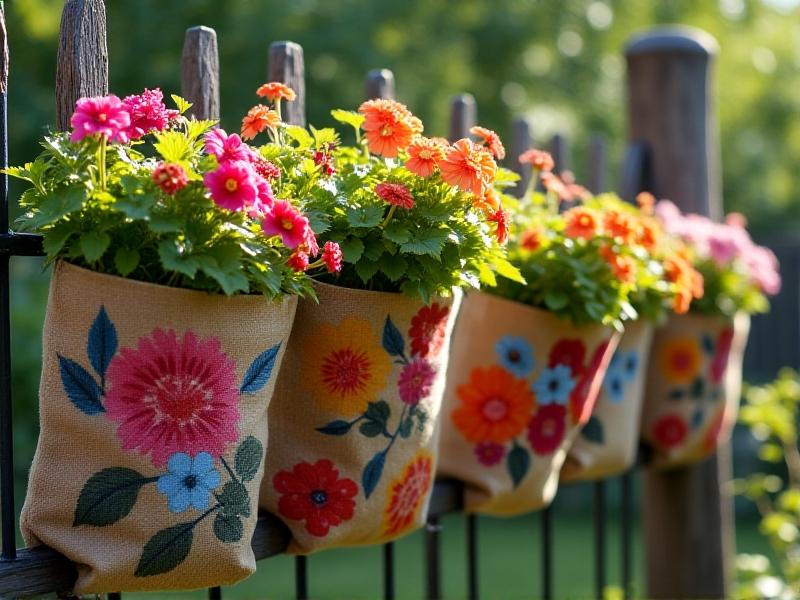 Vibrantly painted jute sacks and reusable grocery bags overflowing with blooming petunias and strawberries, hanging from a wrought-iron fence in a sunny backyard garden, demonstrating urban gardening creativity.