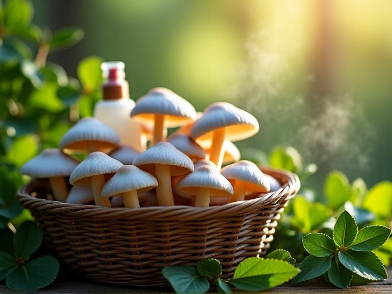 A close-up of freshly harvested pearl oyster mushrooms in a woven basket, their soft gray caps and creamy gills glowing under diffused daylight, with a background of green leafy plants and a simple spray bottle for misting, emphasizing organic home cultivation.