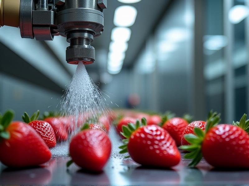 Close-up of a worker calibrating a high-pressure sanitizer spray nozzle targeting strawberries on a conveyor belt. Water droplets glisten under LED lights, with foam cascading over red berries. The image conveys motion and precision, with sharp focus on the nozzle and soft bokeh in the background.