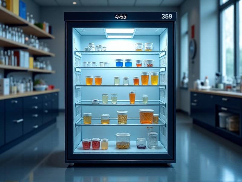 A compact glass-front laboratory refrigerator with adjustable steel shelves lined with labeled agar plates, slant tubes, and cryovials. A digital hygrometer on the top shelf reads 4°C and 35% humidity. Soft LED lighting inside the unit illuminates meticulously organized samples.