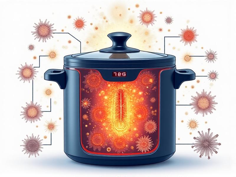 A cross-sectional illustration of a pressure cooker showing steam circulation, digital temperature readouts, and microbial cells being destroyed under high heat, rendered in a scientific infographic style with vibrant colors and labels.