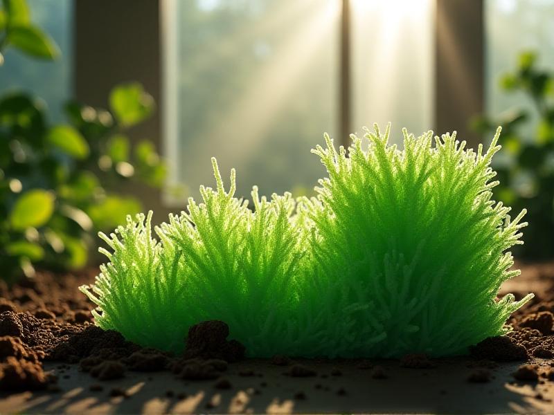 A coil of green PLA filament beside a decomposing 3D-printed mushroom grow tray overgrown with mycelium. Sunlight filters through a greenhouse window, casting dappled shadows on the tray’s hexagonal cellular structure as it integrates with the soil ecosystem.