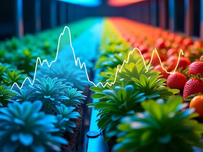 A digital graph overlaying a hydroponic garden, showing peaks in blue, red, and far-red light wavelengths. Young seedlings bathed in blue light grow compact and green, while mature plants under red light burst with orange blossoms and ripe strawberries.
