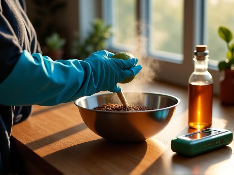 A person wearing blue rubber gloves mixes fresh coffee grounds with hydrated lime in a stainless steel bowl on a wooden kitchen counter. Morning sunlight streams through a window, illuminating steam rising from the mixture. Tools include a digital pH meter and a spray bottle labeled 'hydrogen peroxide.'